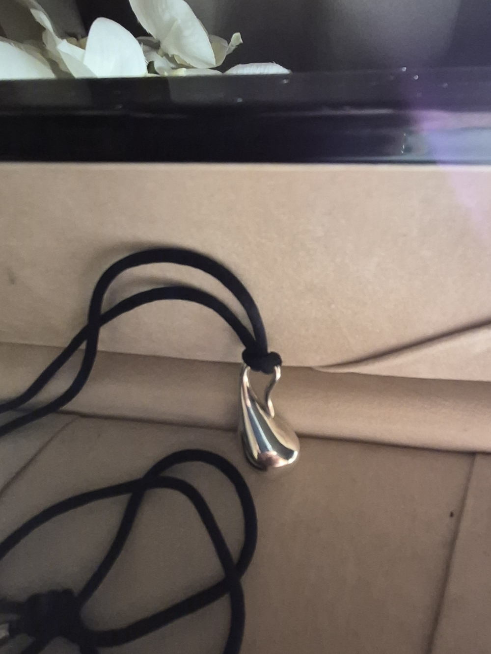 Silver Teardrop Pendant on Black Cord Necklace - Silver 1.16 Oz.